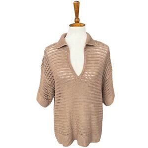 NWT Max Studio Oversized Knit Short Sleeve Open Weave Collar Shirt Size Large